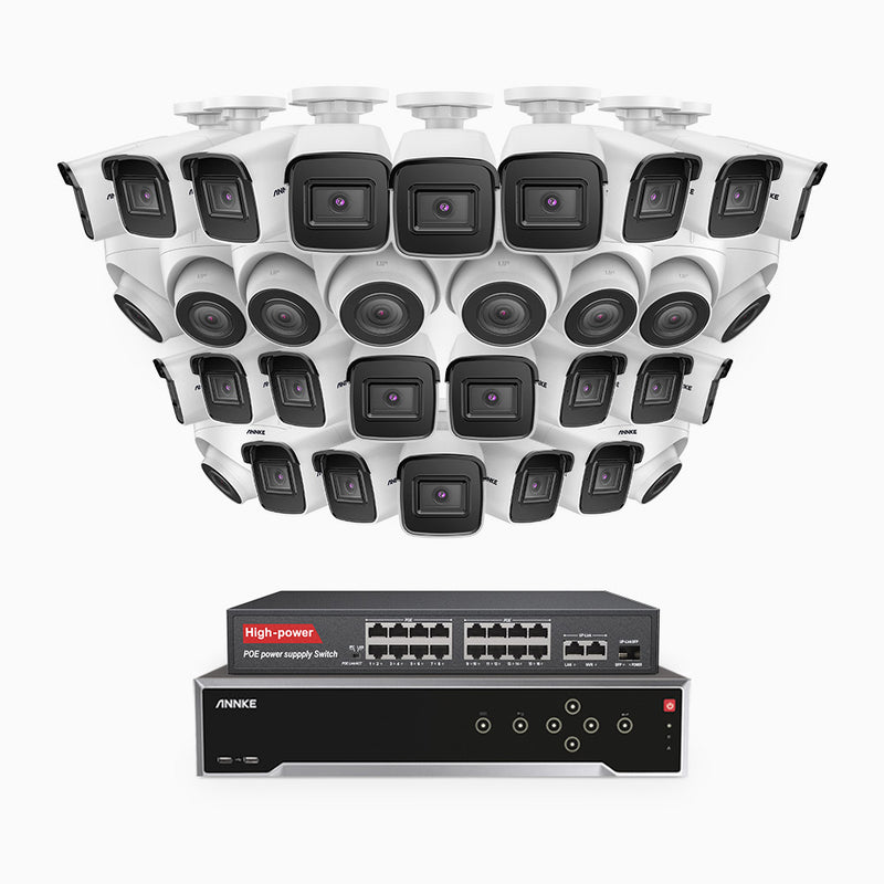 H800 - Kit de vigilancia PoE 4K con 22 cámaras bullet y 10 cámaras domo y videograbador NVR de 32 canales, detección de humanos y vehículos, micrófono integrado, visión nocturna EXIR 2.0, ángulo de visión 123º