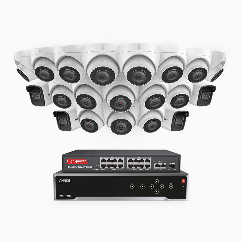 H800 - Kit de vigilancia PoE 4K con 4 cámaras bullet y 16 cámaras domo y videograbador NVR de 32 canales, detección de humanos y vehículos, micrófono integrado, visión nocturna EXIR 2.0, ángulo de visión 123º