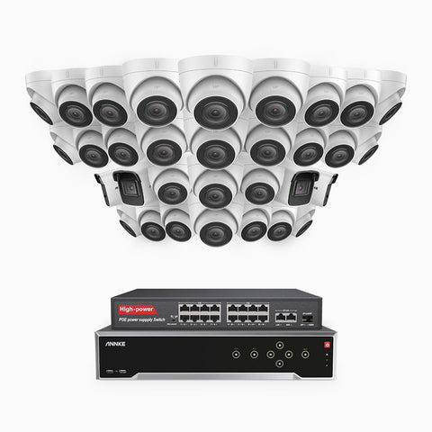 H800 - Kit de vigilancia PoE 4K con 4 cámaras bullet y 28 cámaras domo y videograbador NVR de 32 canales, Visión nocturna a color e infrarrojos, detección de humanos y vehículos, micrófono integrado, ángulo de visión 96º
