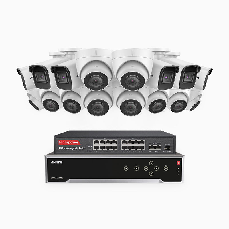 H800 - Kit de vigilancia PoE 4K con 6 cámaras bullet y 10 cámaras domo y videograbador NVR de 32 canales, detección de humanos y vehículos, micrófono integrado, visión nocturna EXIR 2.0, ángulo de visión 123º
