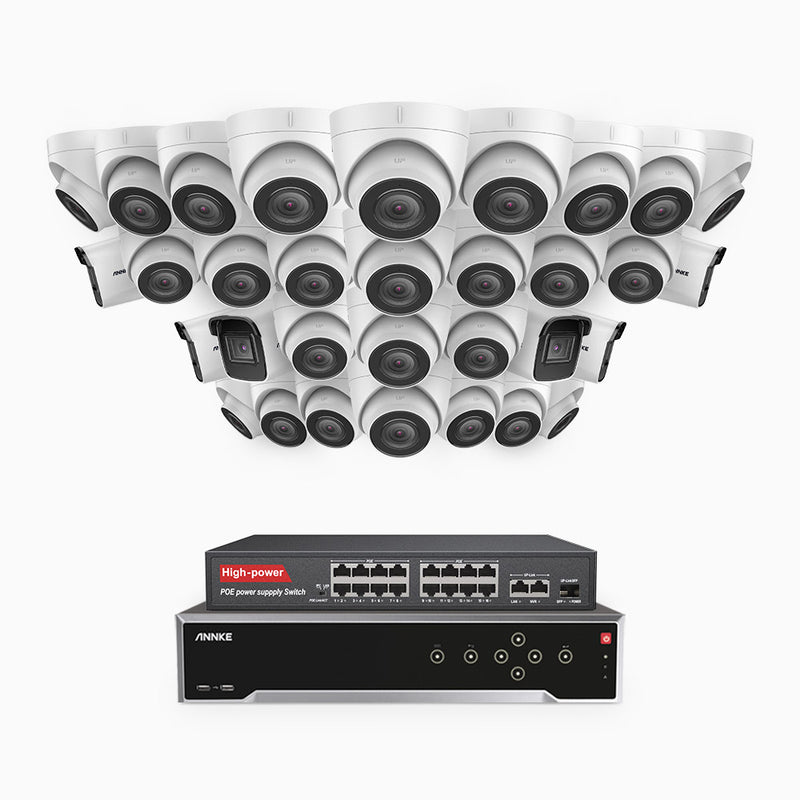 H800 - Kit de vigilancia PoE 4K con 6 cámaras bullet y 26 cámaras domo y videograbador NVR de 32 canales, detección de humanos y vehículos, micrófono integrado, visión nocturna EXIR 2.0, ángulo de visión 123º