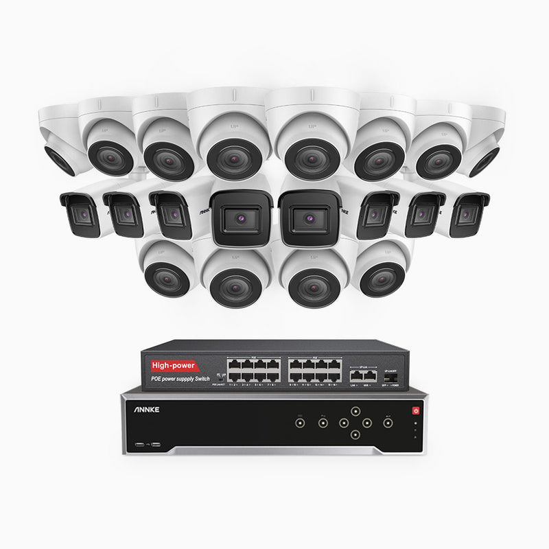 H800 - Kit de vigilancia PoE 4K con 8 cámaras bullet y 12 cámaras domo y videograbador NVR de 32 canales, detección de humanos y vehículos, micrófono integrado, visión nocturna EXIR 2.0, ángulo de visión 123º