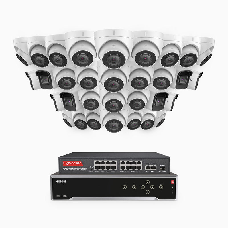 H800 - Kit de vigilancia PoE 4K con 8 cámaras bullet y 24 cámaras domo y videograbador NVR de 32 canales, detección de humanos y vehículos, micrófono integrado, visión nocturna EXIR 2.0, ángulo de visión 123º