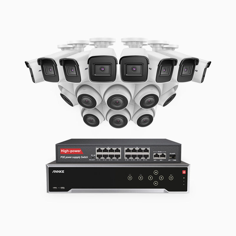 H800 - Kit de vigilancia PoE 4K con 8 cámaras bullet y 8 cámaras domo y videograbador NVR de 32 canales, detección de humanos y vehículos, micrófono integrado, visión nocturna EXIR 2.0, ángulo de visión 123º