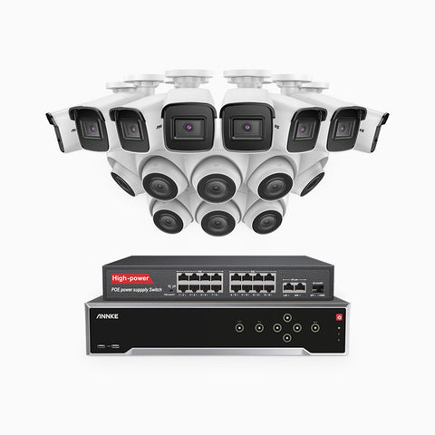 H800 - Kit de vigilancia PoE 4K con 8 cámaras bullet y 8 cámaras domo y videograbador NVR de 32 canales, Visión nocturna a color e infrarrojos, detección de humanos y vehículos, micrófono integrado, ángulo de visión 96º