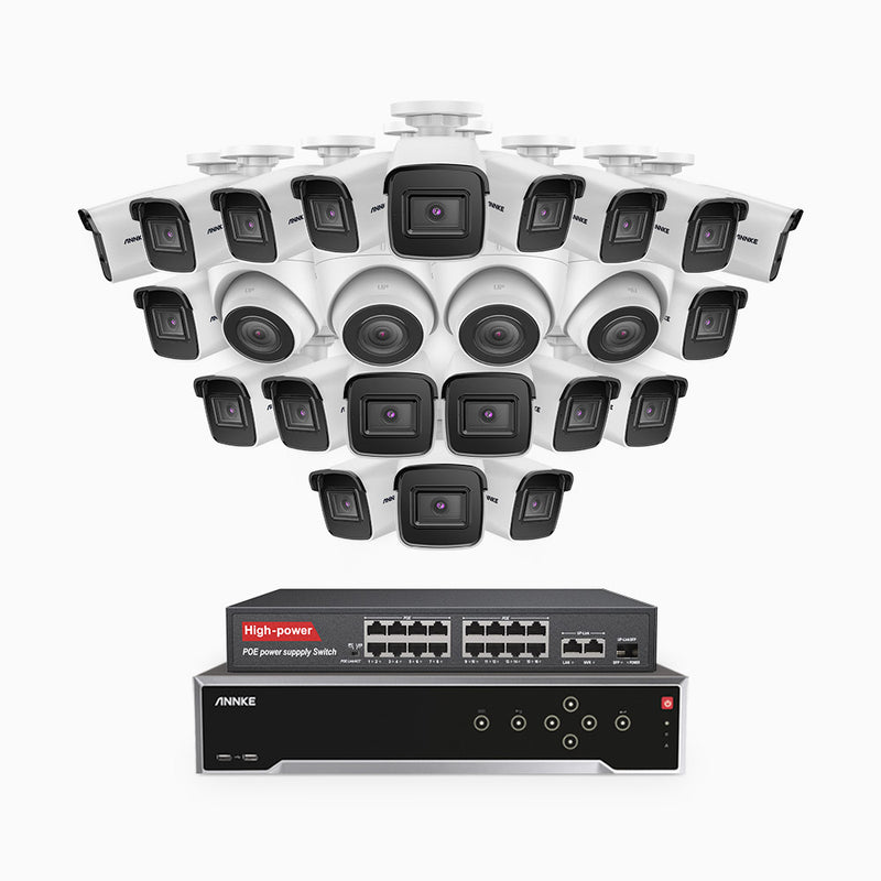 H800 - Kit de vigilancia PoE 4K con 20 cámaras bullet y 4 cámaras domo y videograbador NVR de 32 canales, detección de humanos y vehículos, micrófono integrado, visión nocturna EXIR 2.0, ángulo de visión 123º
