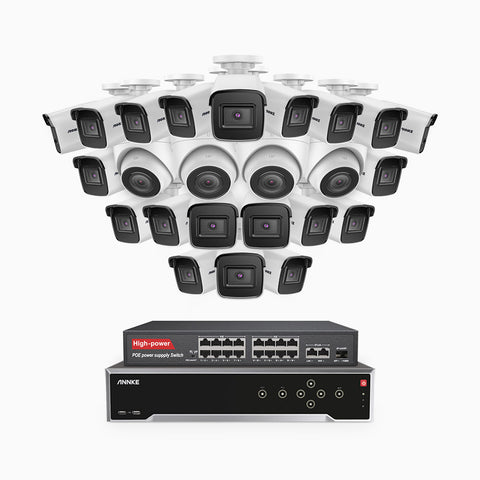 H800 - Kit de vigilancia PoE 4K con 20 cámaras bullet y 4 cámaras domo y videograbador NVR de 32 canales, Visión nocturna a color e infrarrojos, detección de humanos y vehículos, micrófono integrado, ángulo de visión 96º