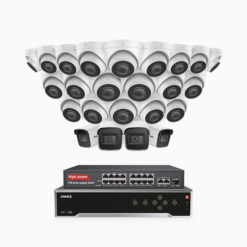 H800 - Kit de vigilancia PoE 4K con 4 cámaras bullet y 20 cámaras domo y videograbador NVR de 32 canales, detección de humanos y vehículos, micrófono integrado, visión nocturna EXIR 2.0, ángulo de visión 123º
