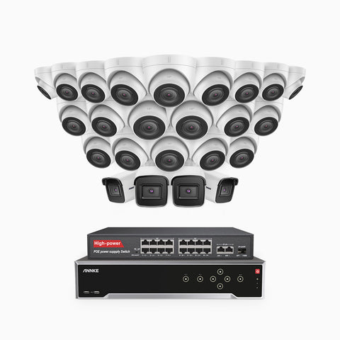 H800 - Kit de vigilancia PoE 4K con 4 cámaras bullet y 20 cámaras domo y videograbador NVR de 32 canales, Visión nocturna a color e infrarrojos, detección de humanos y vehículos, micrófono integrado, ángulo de visión 96º