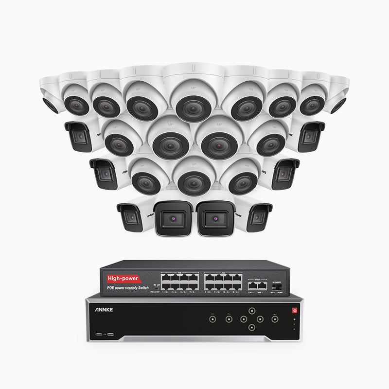 H800 - Kit de vigilancia PoE 4K con 8 cámaras bullet y 16 cámaras domo y videograbador NVR de 32 canales, detección de humanos y vehículos, micrófono integrado, visión nocturna EXIR 2.0, ángulo de visión 123º
