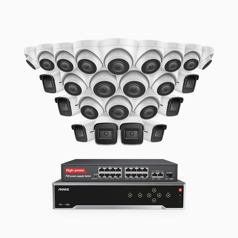 H800 - Kit de vigilancia PoE 4K con 8 cámaras bullet y 16 cámaras domo y videograbador NVR de 32 canales, Visión nocturna a color e infrarrojos, detección de humanos y vehículos, micrófono integrado, ángulo de visión 96º