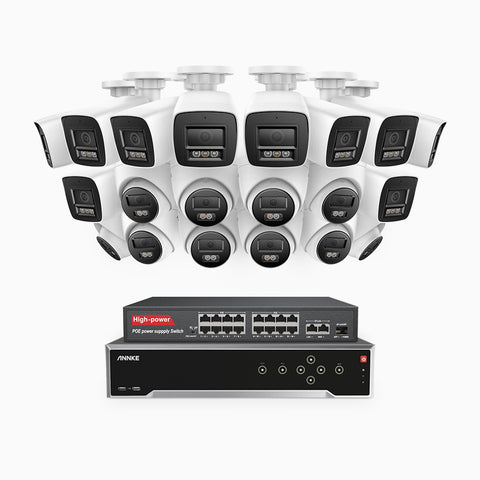 H800 - Kit de vigilancia PoE 4K con 10 cámaras bullet y 10 cámaras domo y videograbador NVR de 32 canales, Visión nocturna a color e infrarrojos, detección de humanos y vehículos, micrófono integrado, ángulo de visión 96º