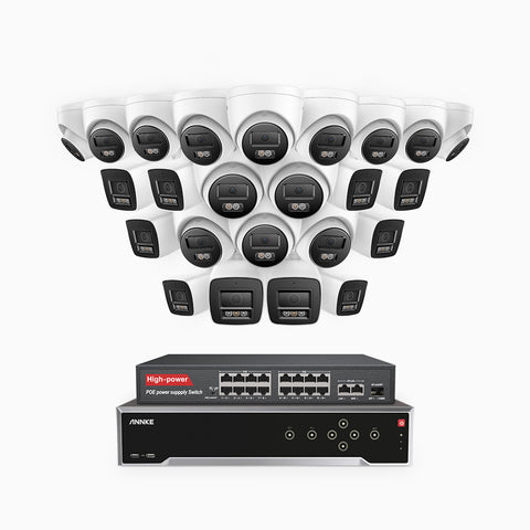 H800 - Kit de vigilancia PoE 4K con 10 cámaras bullet y 14 cámaras domo y videograbador NVR de 32 canales, Visión nocturna a color e infrarrojos, detección de humanos y vehículos, micrófono integrado, ángulo de visión 96º