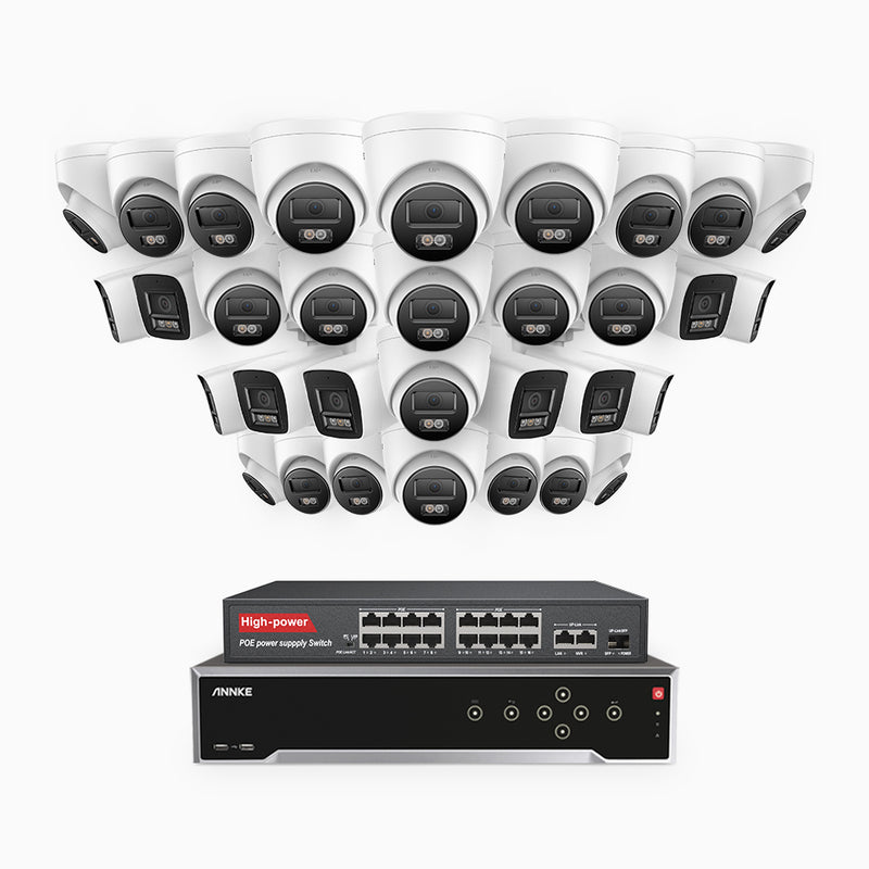 H800 - Kit de vigilancia PoE 4K con 10 cámaras bullet y 22 cámaras domo y videograbador NVR de 32 canales, Visión nocturna a color e infrarrojos, detección de humanos y vehículos, micrófono integrado, ángulo de visión 96º
