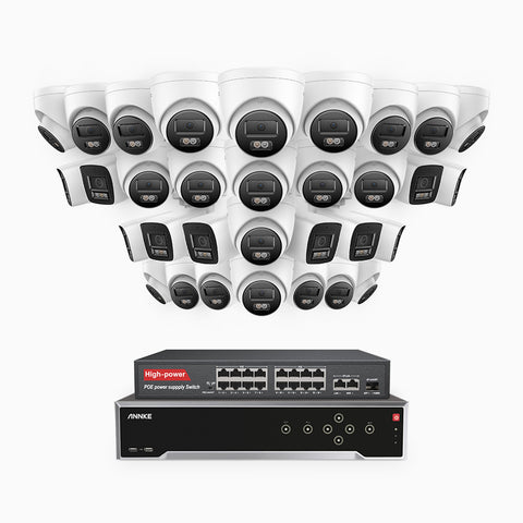H800 - Kit de vigilancia PoE 4K con 10 cámaras bullet y 22 cámaras domo y videograbador NVR de 32 canales, Visión nocturna a color e infrarrojos, detección de humanos y vehículos, micrófono integrado, ángulo de visión 96º