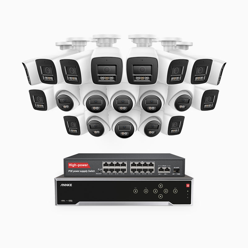 H800 - Kit de vigilancia PoE 4K con 12 cámaras bullet y 8 cámaras domo y videograbador NVR de 32 canales, Visión nocturna a color e infrarrojos, detección de humanos y vehículos, micrófono integrado, ángulo de visión 96º