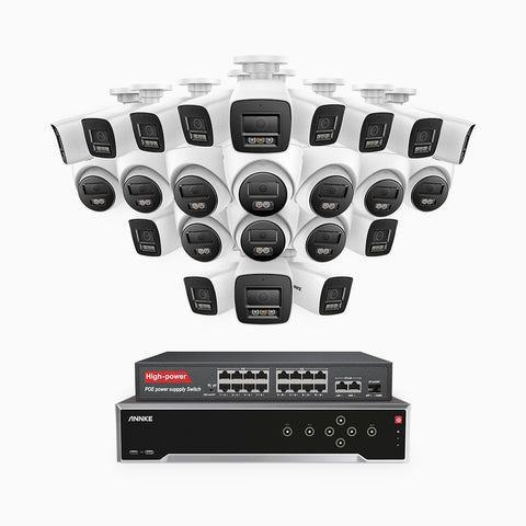H800 - Kit de vigilancia PoE 4K con 14 cámaras bullet y 10 cámaras domo y videograbador NVR de 32 canales, Visión nocturna a color e infrarrojos, detección de humanos y vehículos, micrófono integrado, ángulo de visión 96º
