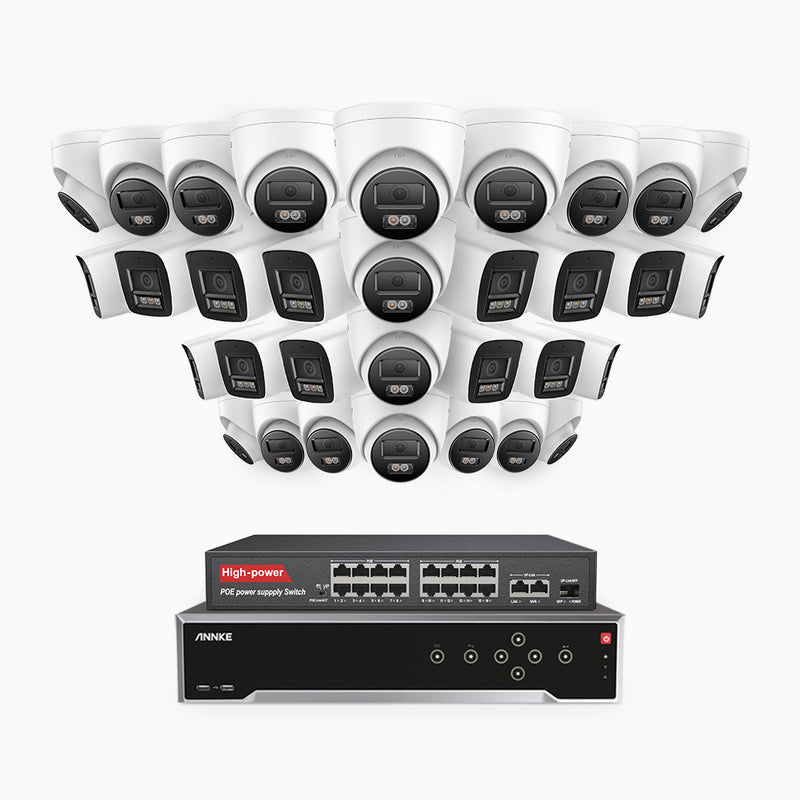 H800 - Kit de vigilancia PoE 4K con 14 cámaras bullet y 18 cámaras domo y videograbador NVR de 32 canales, Visión nocturna a color e infrarrojos, detección de humanos y vehículos, micrófono integrado, ángulo de visión 96º