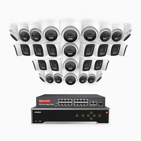 H800 - Kit de vigilancia PoE 4K con 14 cámaras bullet y 18 cámaras domo y videograbador NVR de 32 canales, Visión nocturna a color e infrarrojos, detección de humanos y vehículos, micrófono integrado, ángulo de visión 96º