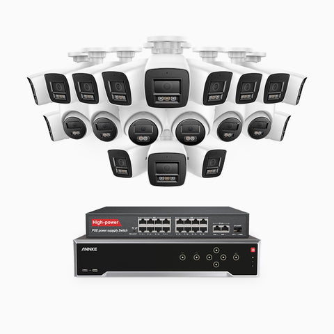 H800 - Kit de vigilancia PoE 4K con 14 cámaras bullet y 6 cámaras domo y videograbador NVR de 32 canales, Visión nocturna a color e infrarrojos, detección de humanos y vehículos, micrófono integrado, ángulo de visión 96º