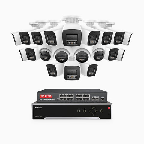 H800 - Kit de vigilancia PoE 4K con 16 cámaras bullet y 4 cámaras domo y videograbador NVR de 32 canales, Visión nocturna a color e infrarrojos, detección de humanos y vehículos, micrófono integrado, ángulo de visión 96º