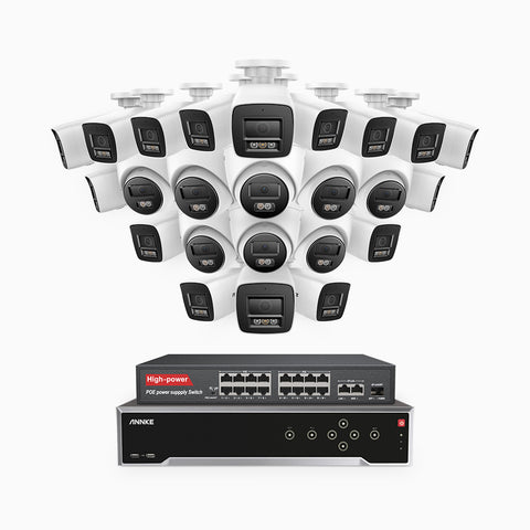 H800 - Kit de vigilancia PoE 4K con 16 cámaras bullet y 8 cámaras domo y videograbador NVR de 32 canales, Visión nocturna a color e infrarrojos, detección de humanos y vehículos, micrófono integrado, ángulo de visión 96º