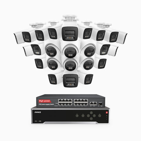 H800 - Kit de vigilancia PoE 4K con 18 cámaras bullet y 6 cámaras domo y videograbador NVR de 32 canales, Visión nocturna a color e infrarrojos, detección de humanos y vehículos, micrófono integrado, ángulo de visión 96º