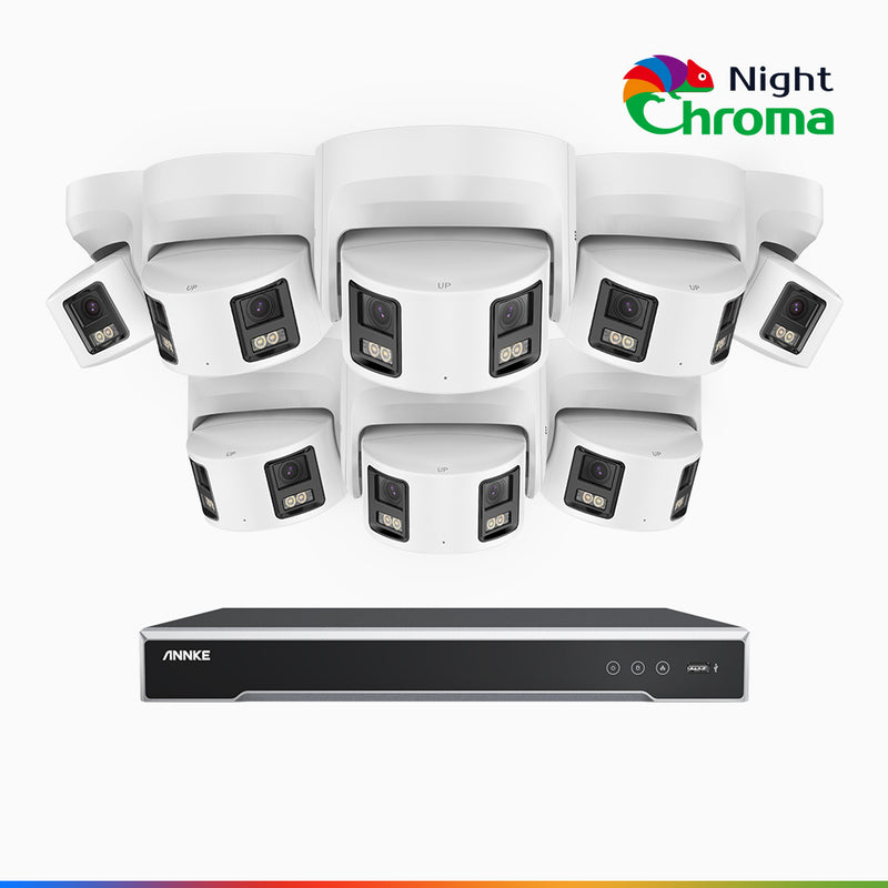 NightChroma<sup>TM</sup> NDK800 – Kit de 8 cámaras de vigilancia PoE de 4K con videograbador NVR de 16 canales, panorámica doble lente, visión nocturna en color, detección de humanos y vehículos, análisis de comportamiento inteligente