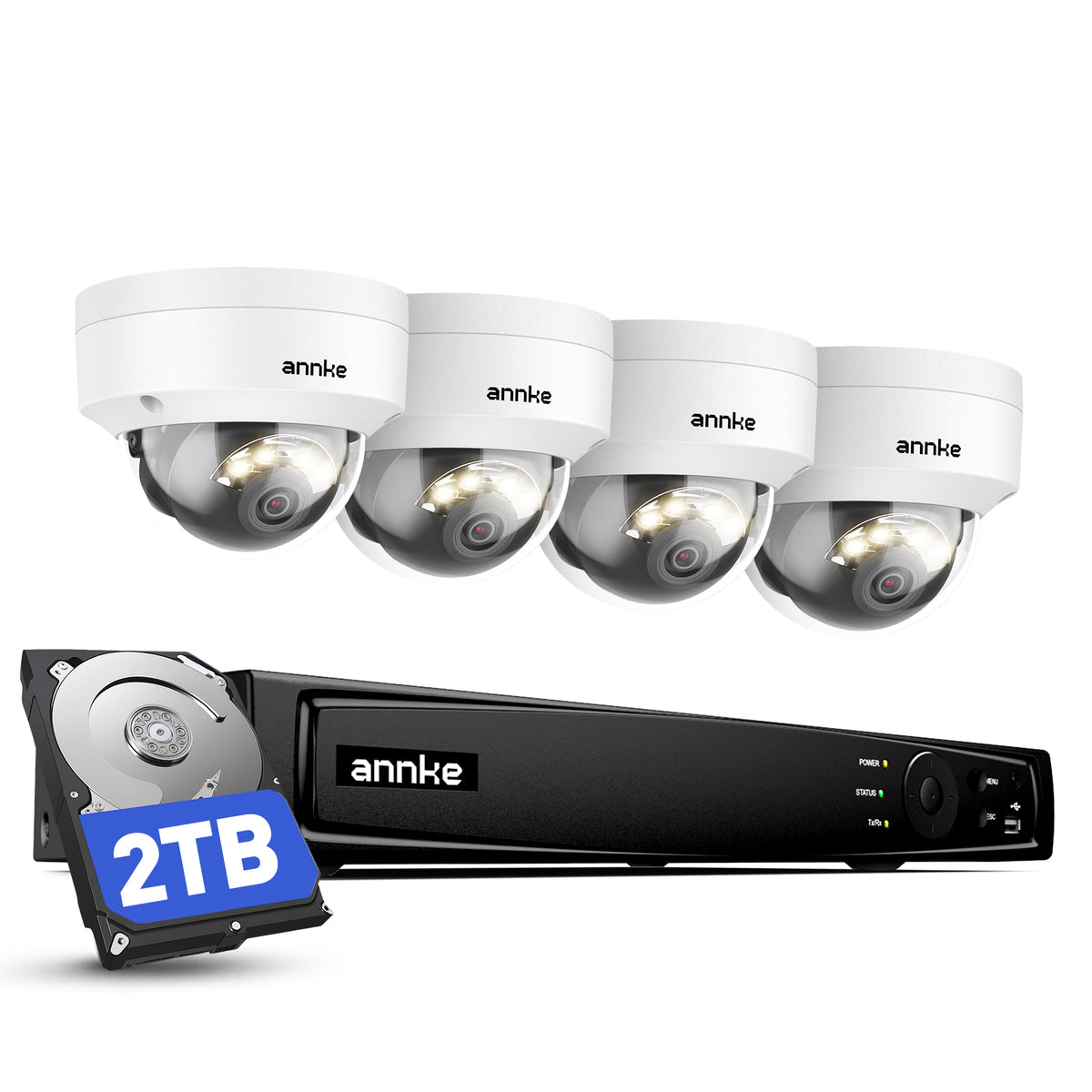 ANNKE Kit Videovigilancia PoE 4K 8MP con 4 Cámaras IK10 Dome Exteriores, NVR de 8 canales con HDD 2TB, visión nocturna en color, detección IA personas/vehículos, IP67, audio, IR 30m