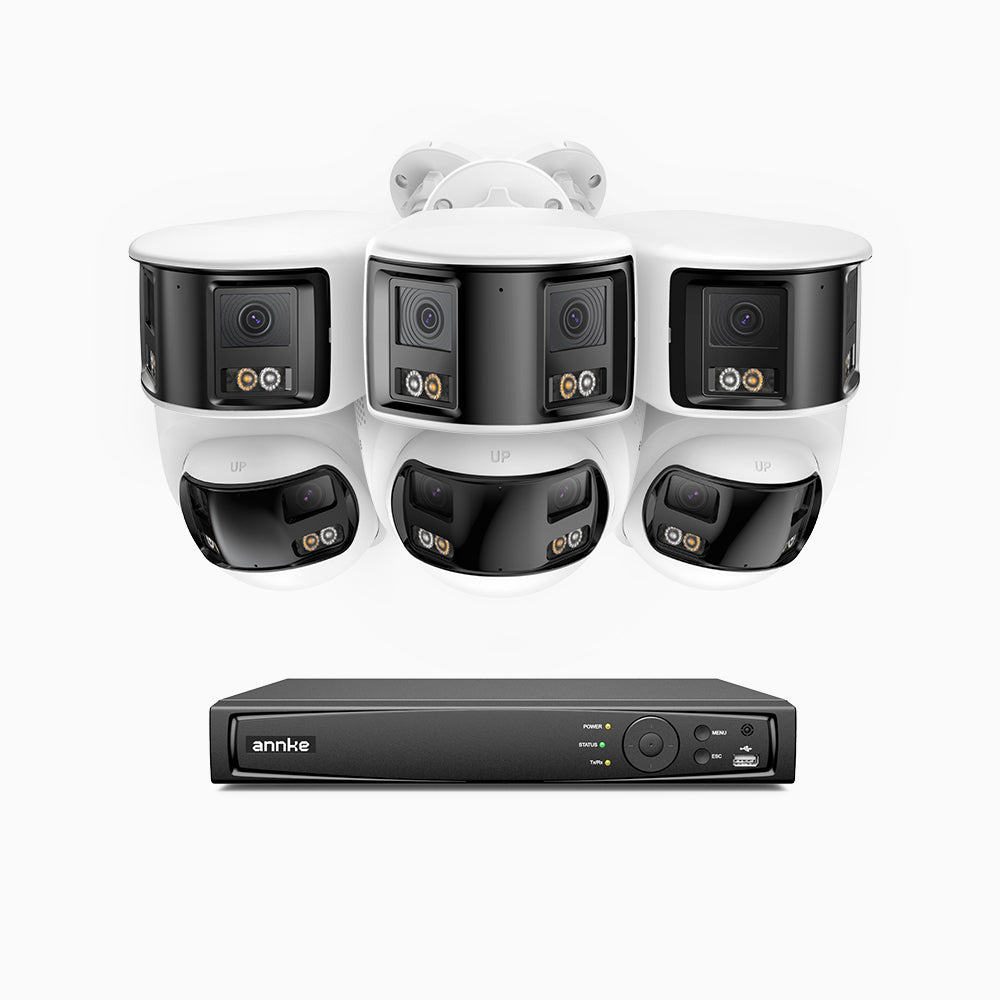 FDH600 - Kit de vigilancia PoE con 3 X 6MP cámara bullet y 3 cámaras domo y videograbador NVR de 8 canales, panorámica doble lente, Visión Nocturna con Doble Luz, Audio Bidireccional, Sirena y Alarma Activas, Detección de Personas y Vehículos, IP67