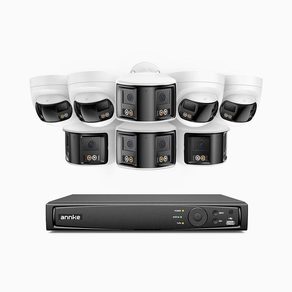 FDH600 - Kit de vigilancia PoE con 4 X 6MP cámara bullet y 4 cámaras domo y videograbador NVR de 8 canales, panorámica doble lente, Visión Nocturna con Doble Luz, Audio Bidireccional, Sirena y Alarma Activas, Detección de Personas y Vehículos, IP67