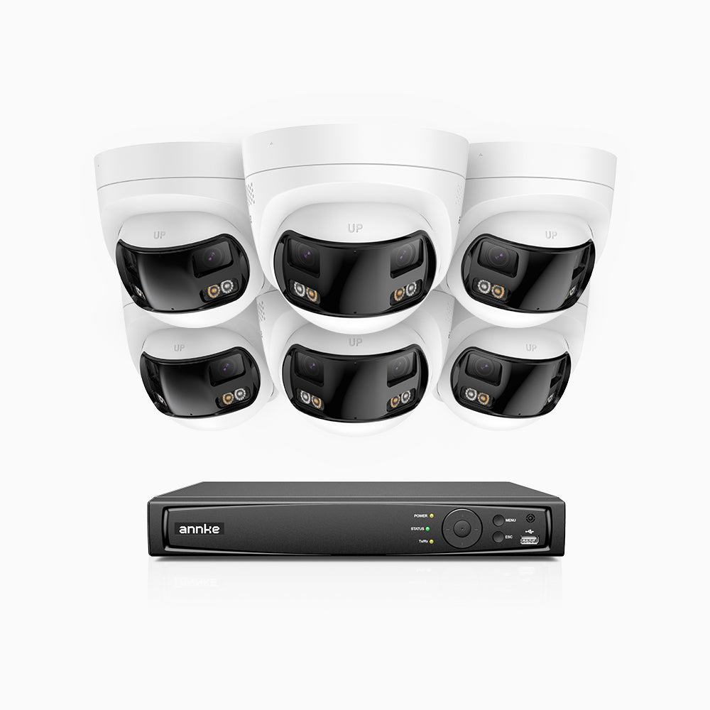 FDH600 - Kit de 6 cámaras de vigilancia PoE de 6MP con videograbador NVR de 8 canales, panorámica doble lente, Visión Nocturna con Doble Luz, Audio Bidireccional, Sirena y Alarma Activas, Detección de Personas y Vehículos, IP67
