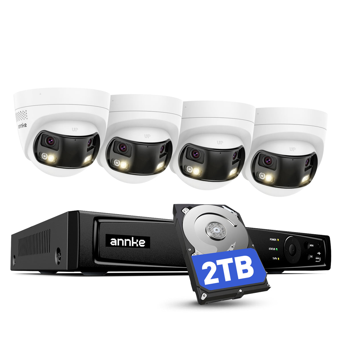 ANNKE Kit de videovigilancia PoE 4K, doble lente, disco duro 2 TB, Vista panorámica de 180°, NVR H.265+ 12 MP/8 canales, IA personas/vehículos, audio bidireccional, alarma sonora y luminosa