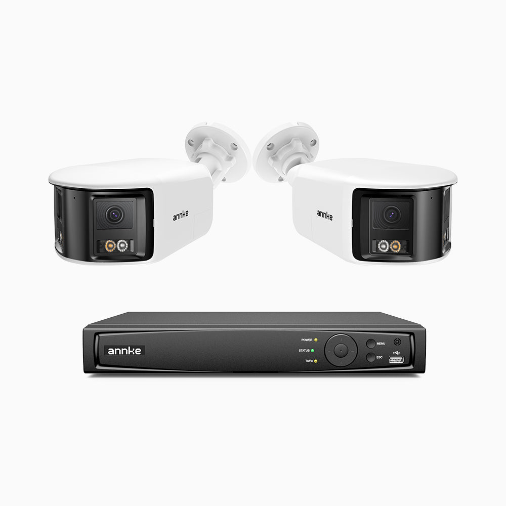 FDH800 - Kit de 2 cámaras de vigilancia PoE de 4K con videograbador NVR de 8 canales, panorámica doble lente, visión nocturna inteligente con doble luz, audio bidireccional, sirena y alarma activas, detección de personas y vehículos, IP67