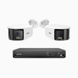 FDH800 - Kit de 2 cámaras de vigilancia PoE de 4K con videograbador NVR de 8 canales, panorámica doble lente, visión nocturna inteligente con doble luz, audio bidireccional, sirena y alarma activas, detección de personas y vehículos, IP67