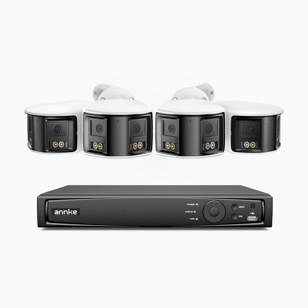 FDH600 - Kit de 4 cámaras de vigilancia PoE de 6MP con videograbador NVR de 8 canales, panorámica doble lente, Visión Nocturna con Doble Luz, Audio Bidireccional, Sirena y Alarma Activas, Detección de Personas y Vehículos, IP67