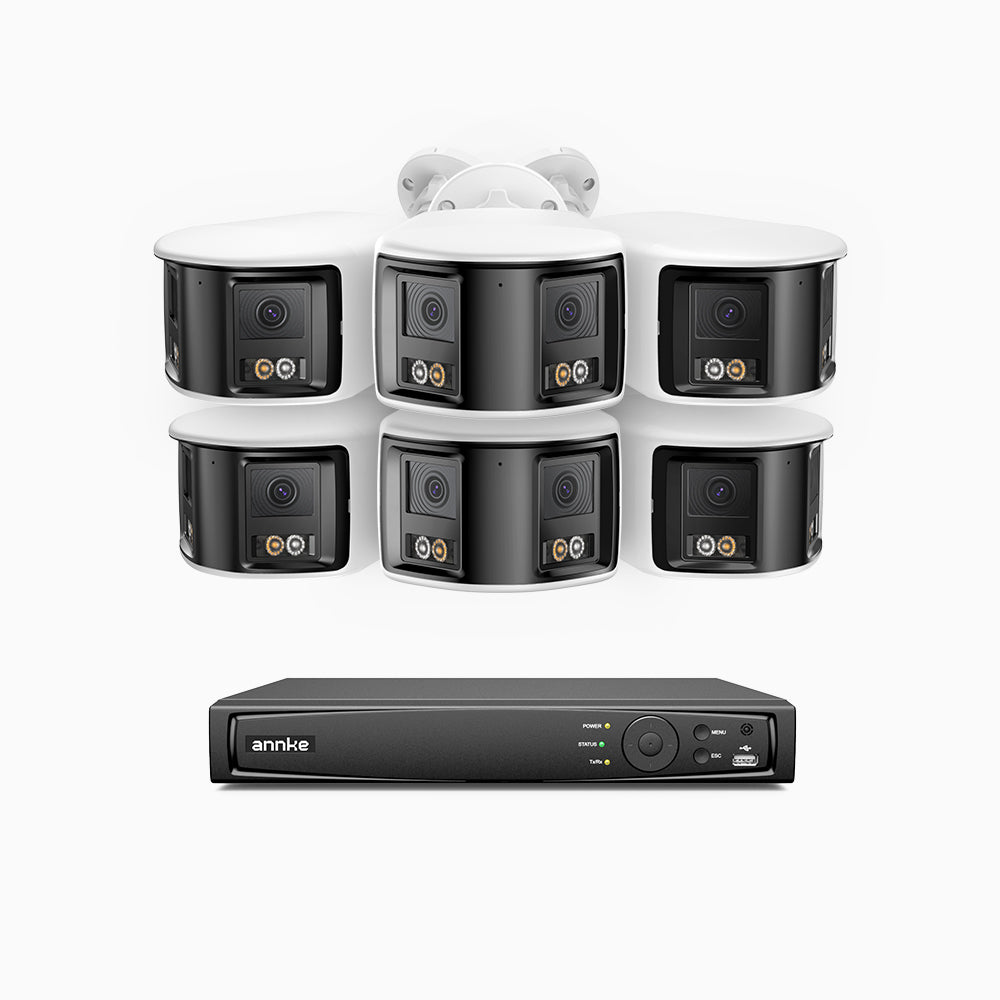 FDH800 - Kit de 6 cámaras de vigilancia PoE de 4K con videograbador NVR de 8 canales, panorámica doble lente, visión nocturna inteligente con doble luz, audio bidireccional, sirena y alarma activas, detección de personas y vehículos, IP67