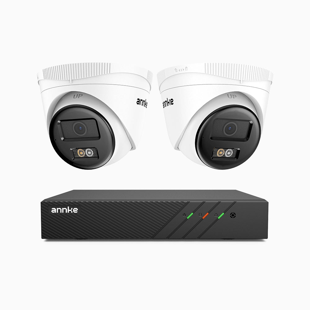 H500 - Kit de 2 cámaras de vigilancia PoE de 3K con videograbador NVR de 8 canales, Visión nocturna inteligente de doble luz, 3072 × 1728 a 20 fps, detección inteligente de personas y vehículos, micrófono integrado, IP67