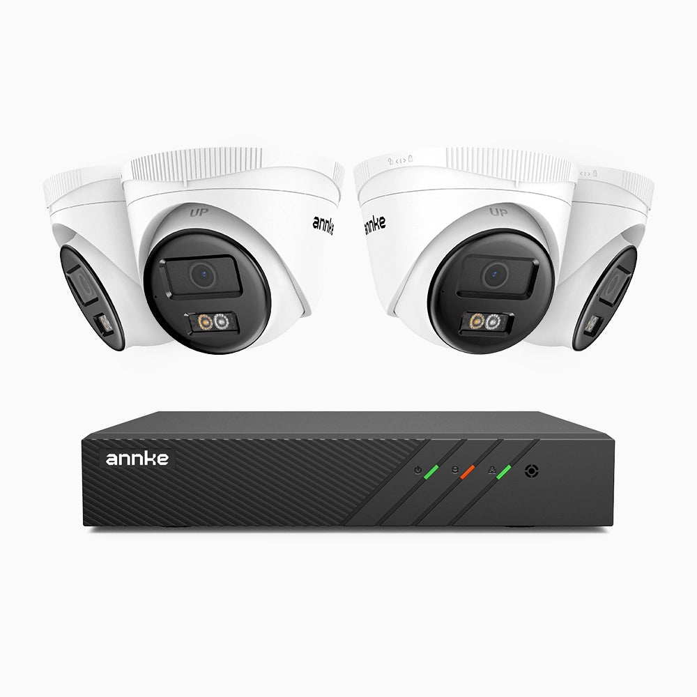 H500 - Kit de 4 cámaras de vigilancia PoE de 3K con videograbador NVR de 8 canales, Visión nocturna inteligente de doble luz, 3072 × 1728 a 20 fps, detección inteligente de personas y vehículos, micrófono integrado, IP67