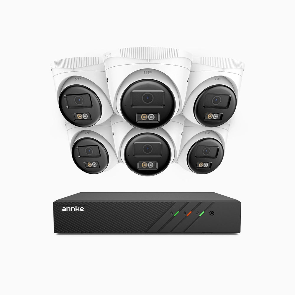 H500 - Kit de 6 cámaras de vigilancia PoE de 3K con videograbador NVR de 8 canales, Visión nocturna inteligente de doble luz, 3072 × 1728 a 20 fps, detección inteligente de personas y vehículos, micrófono integrado, IP67