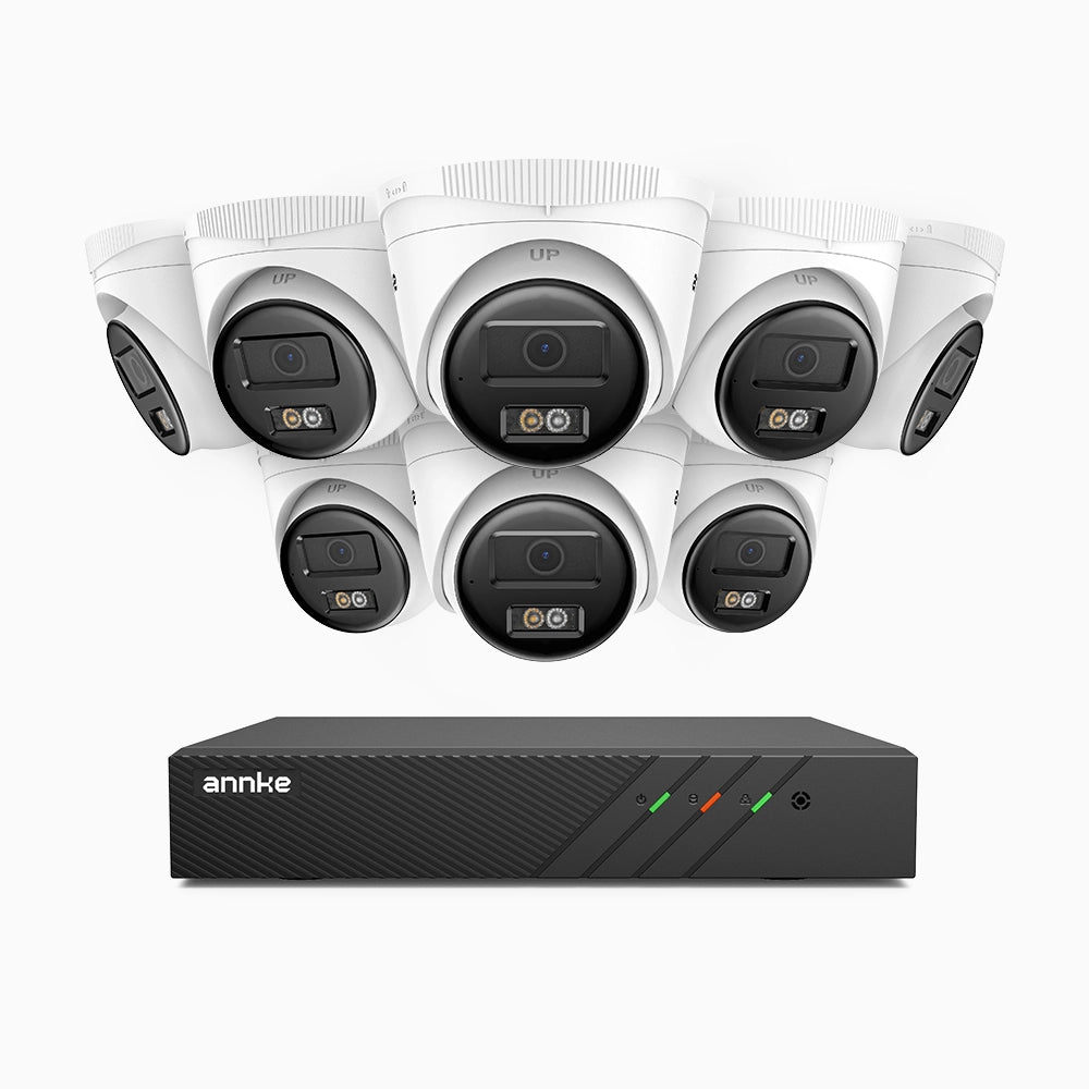 H500 - Kit de 8 cámaras de vigilancia PoE de 3K con videograbador NVR de 8 canales, Visión nocturna inteligente de doble luz, 3072 × 1728 a 20 fps, detección inteligente de personas y vehículos, micrófono integrado, IP67