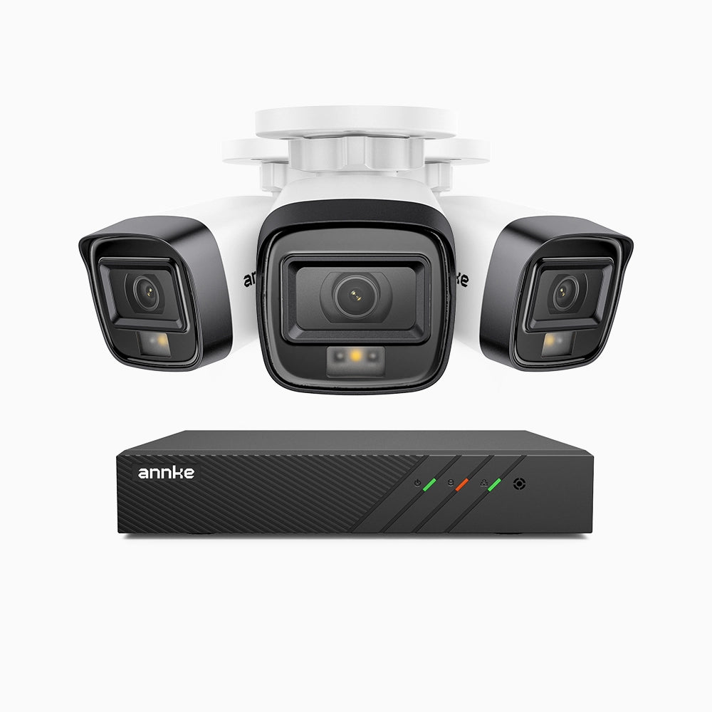 H500 - Kit de 3 cámaras de vigilancia PoE de 3K con videograbador NVR de 8 canales, Visión nocturna inteligente de doble luz, 3072 × 1728 a 20 fps, detección inteligente de personas y vehículos, micrófono integrado, IP67