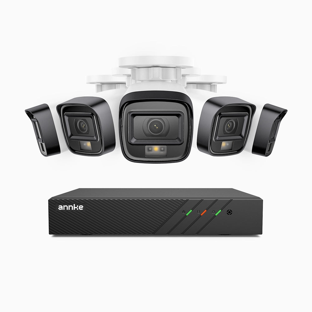 H500 - Kit de 5 cámaras de vigilancia PoE de 3K con videograbador NVR de 8 canales, Visión nocturna inteligente de doble luz, 3072 × 1728 a 20 fps, detección inteligente de personas y vehículos, micrófono integrado, IP67