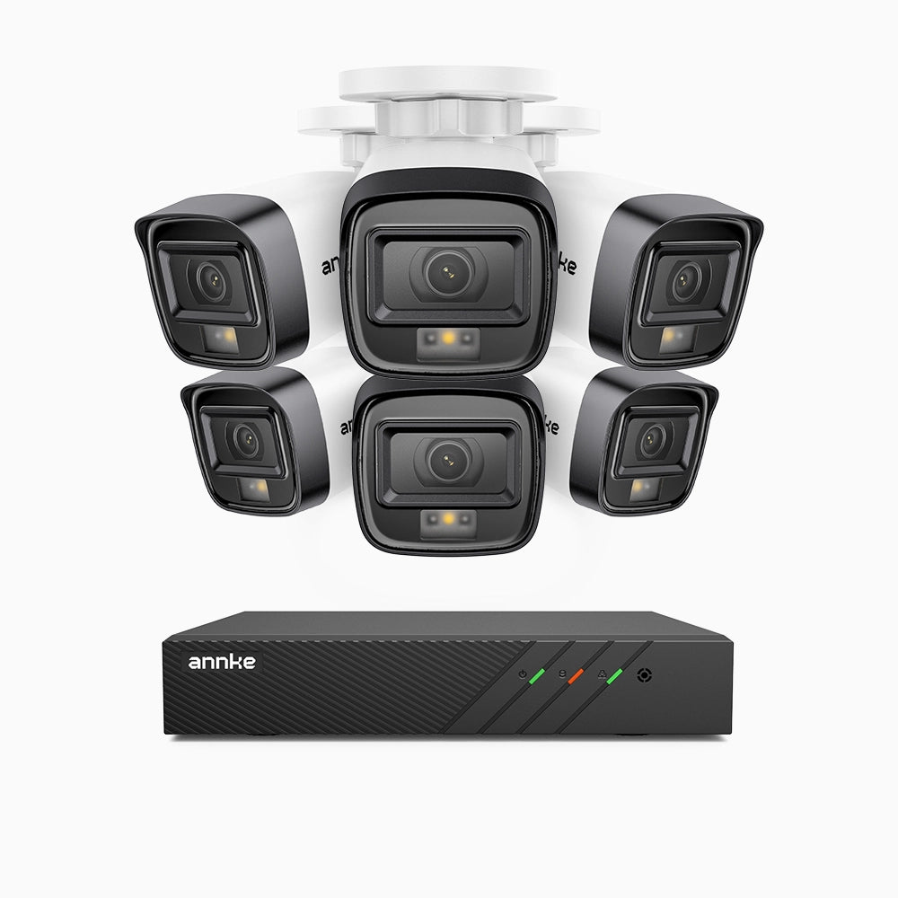 H500 - Kit de 6 cámaras de vigilancia PoE de 3K con videograbador NVR de 8 canales, Visión nocturna inteligente de doble luz, 3072 × 1728 a 20 fps, detección inteligente de personas y vehículos, micrófono integrado, IP67