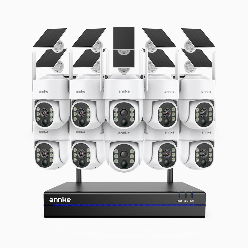 WBS400 - Kit de 10 cámaras de vigilancia inalámbrico de 4MP con videograbador NVR de 16 canales, WiFi bi-bande, détection mouvement, audio bidirectionnel, alimenté par batterie et énergie solaire, 270° Pan & 90° Tilt, compatible avec Alexa