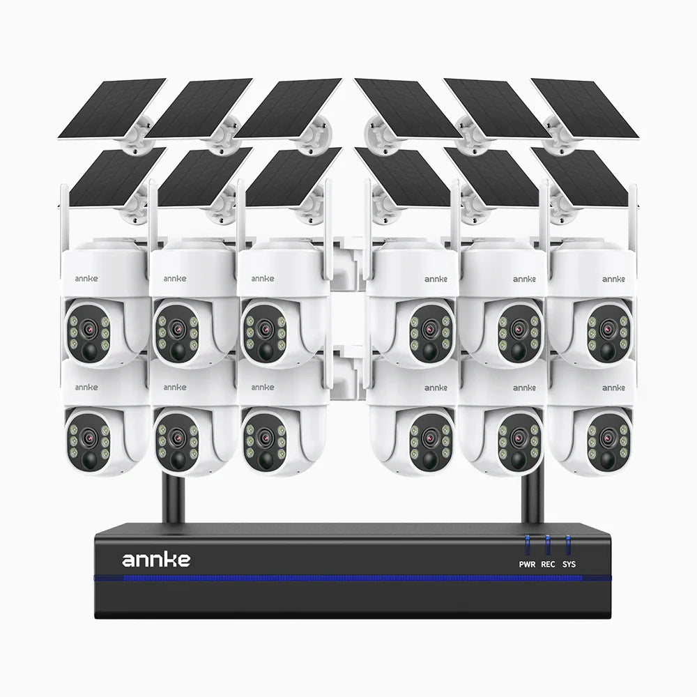 WBS400 - Kit de 12 cámaras de vigilancia inalámbrico de 4MP con videograbador NVR de 16 canales, WiFi bi-bande, détection mouvement, audio bidirectionnel, alimenté par batterie et énergie solaire, 270° Pan & 90° Tilt, compatible avec Alexa