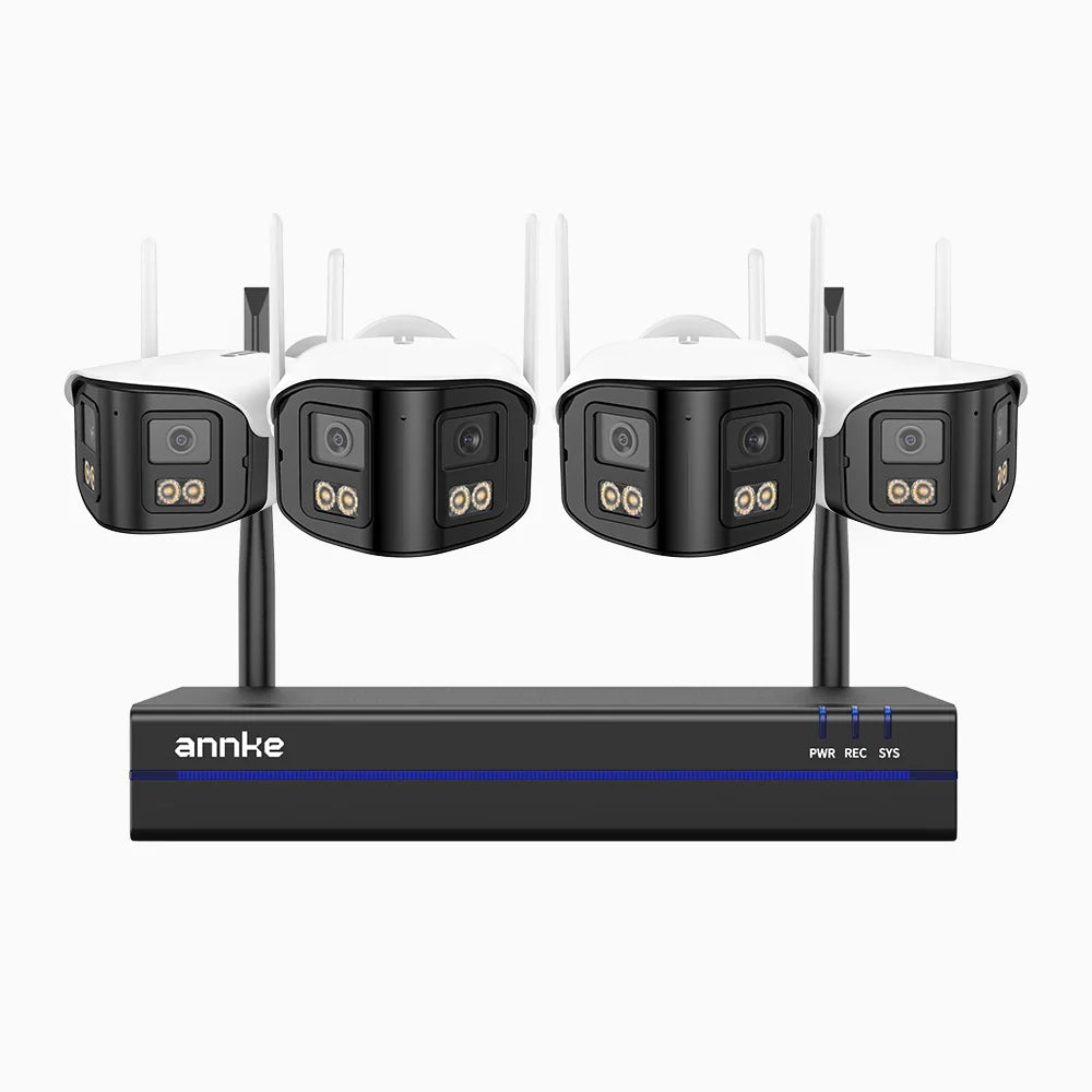 WSCD400P - Kit de 4 cámaras de vigilancia inalámbrico de 4MP con videograbador NVR de 8 canales, Doble Lente,  WiFi Dual-Band 2.4G/5G, Visión Nocturna a Color, Audio Bidireccional, Almacenamiento en la Nube y Local hasta 256 GB, Compatible con Alexa