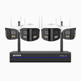 WSCD400P - Kit de 4 cámaras de vigilancia inalámbrico de 4MP con videograbador NVR de 8 canales, Doble Lente,  WiFi Dual-Band 2.4G/5G, Visión Nocturna a Color, Audio Bidireccional, Almacenamiento en la Nube y Local hasta 256 GB, Compatible con Alexa