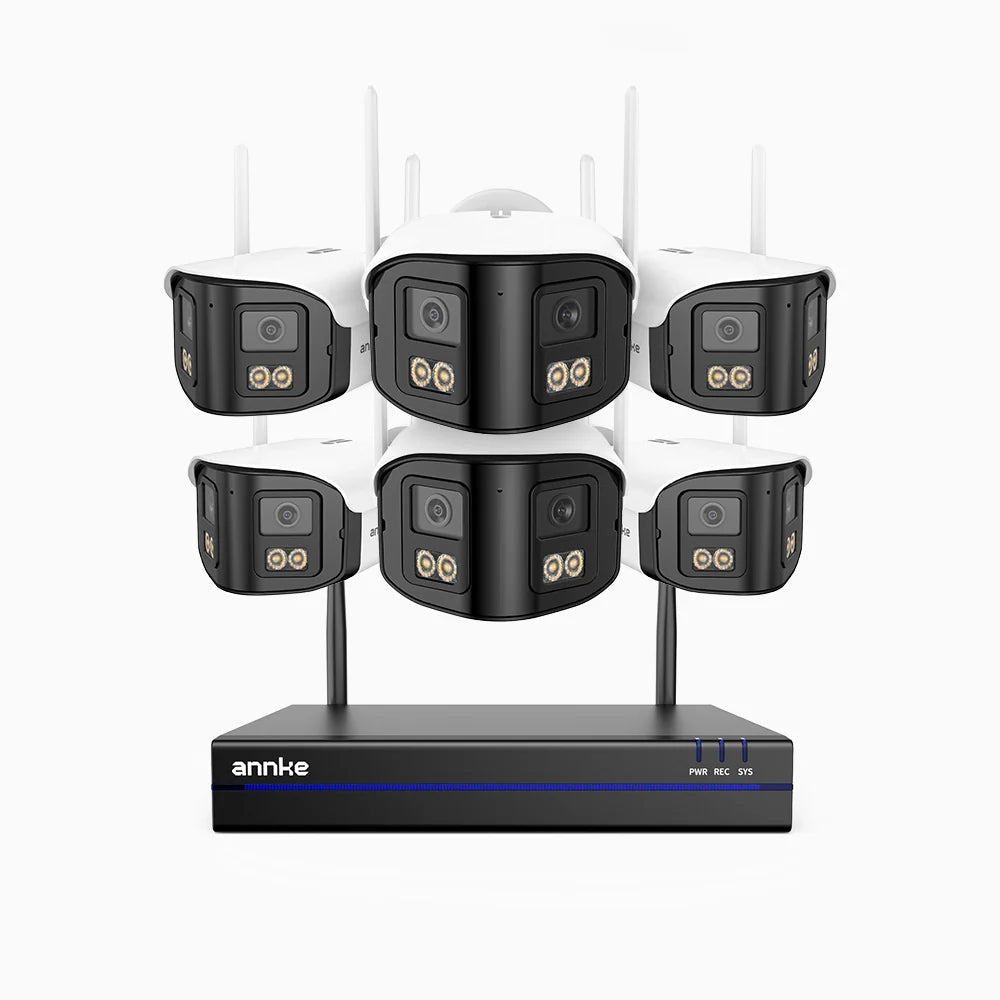 WSCD400P - Kit de 6 cámaras de vigilancia inalámbrico de 4MP con videograbador NVR de 8 canales, Doble Lente,  WiFi Dual-Band 2.4G/5G, Visión Nocturna a Color, Audio Bidireccional, Almacenamiento en la Nube y Local hasta 256 GB, Compatible con Alexa