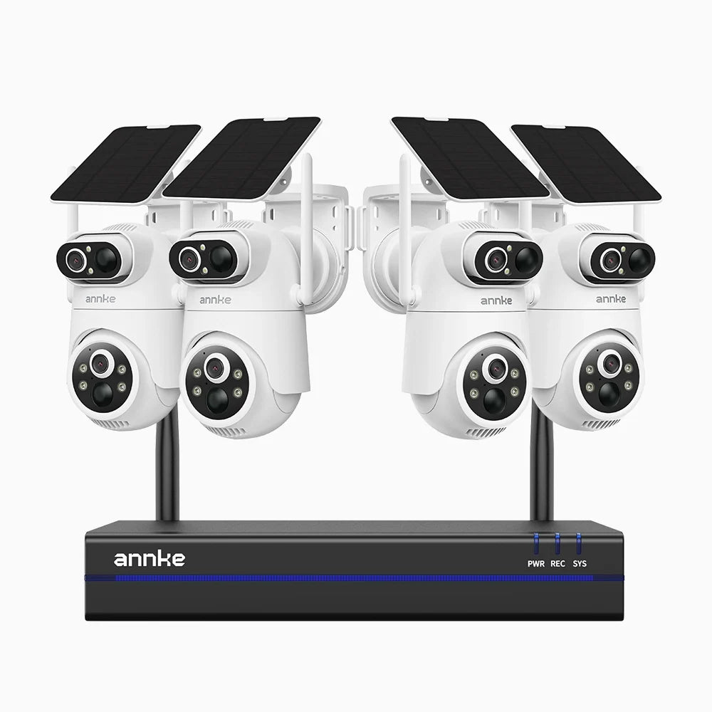 WBS400P - Kit de 4 cámaras de vigilancia inalámbrico de 4MP con videograbador NVR de 8 canales, Doble Lente, 100% sin Cables, Batería de 9000mAh y Alimentación Solar, Giro de 350° e Inclinación de 90°, Detección Humana PIR, Audio Bidireccional